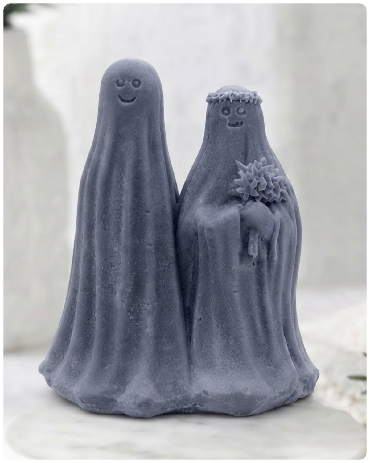 handmade vegan soap made with activated charcoal, featuring a ghostly bride with a bouquet and a groom, a unique farmhouse decor wedding or anniversary gift 