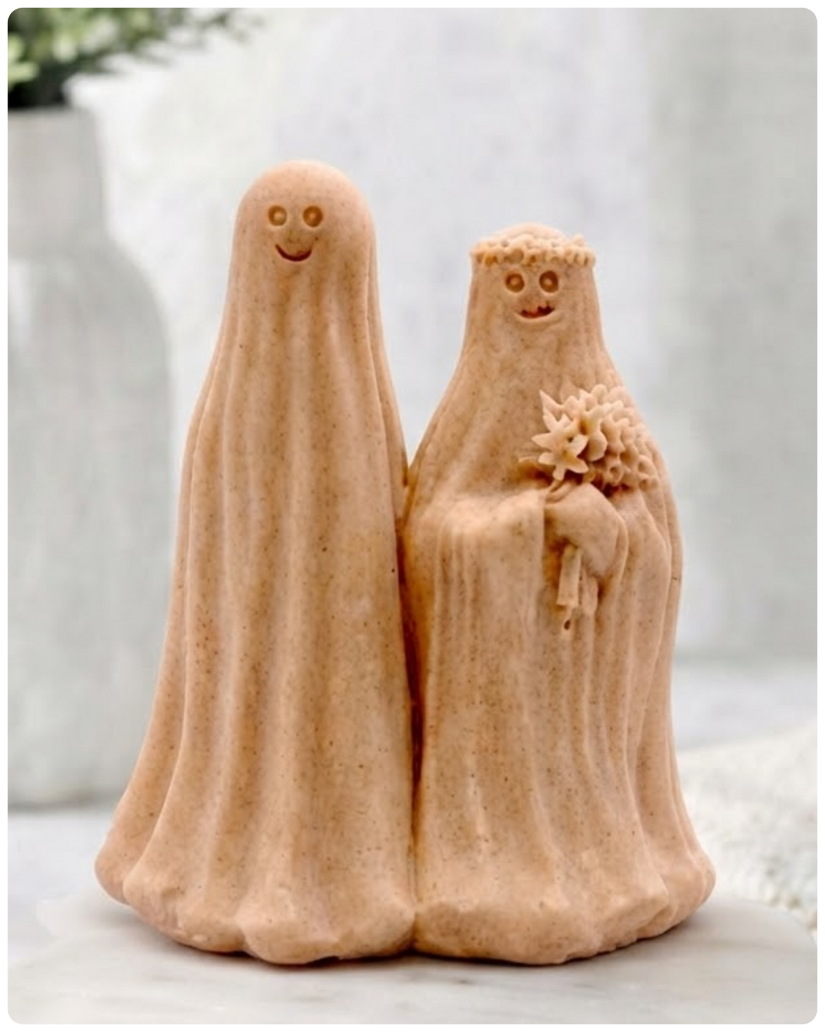 handmade vegan soap in red French clay, featuring a ghostly bride with a bouquet and a groom, a unique farmhouse decor wedding or anniversary gift 