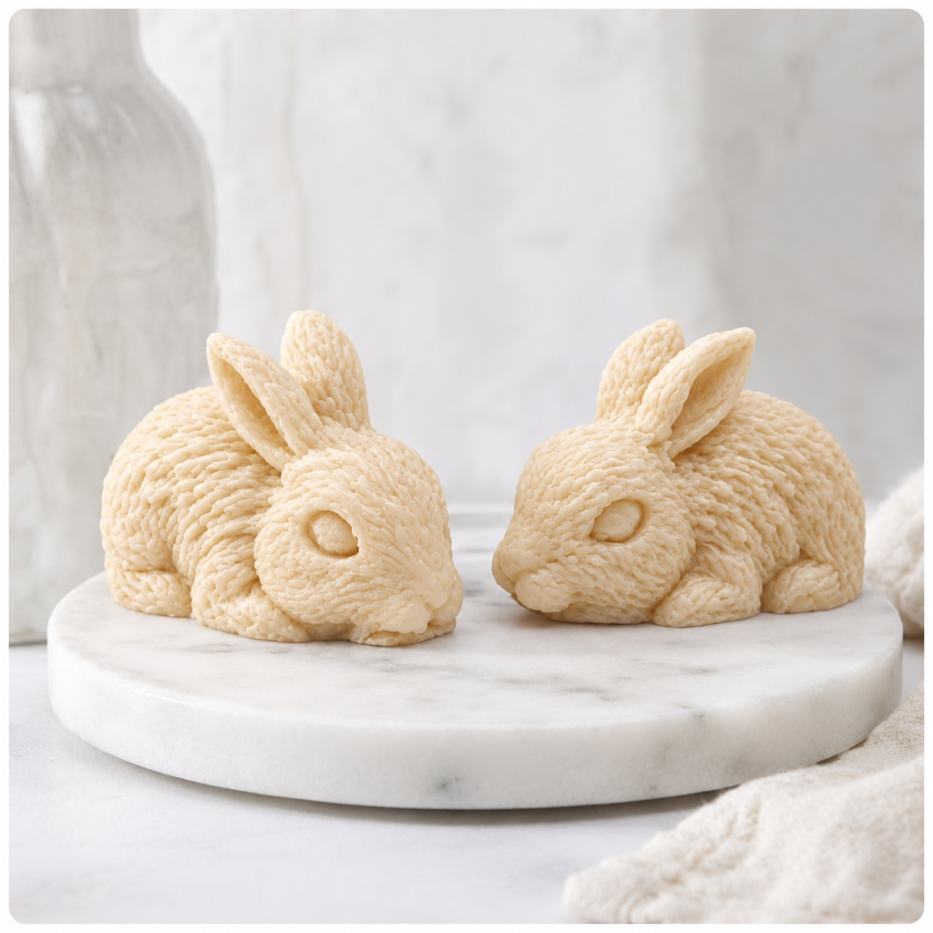 A pair of soft blue handmade rabbit soaps sitting on a marble surface next to a white vase with greenery.