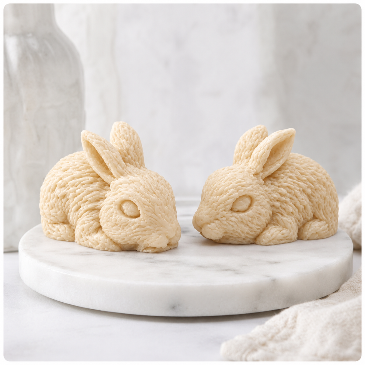 A pair of soft blue handmade rabbit soaps sitting on a marble surface next to a white vase with greenery.