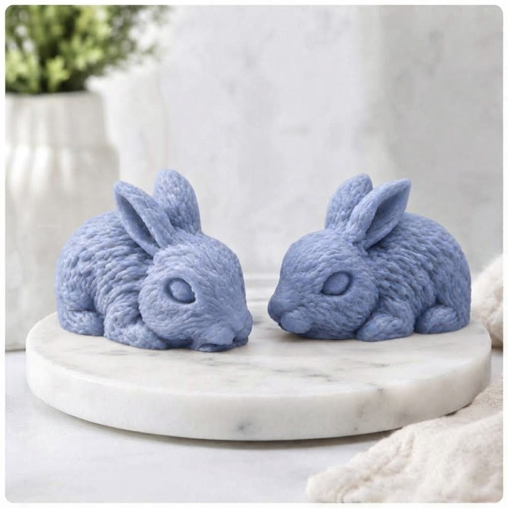 A pair of soft blue handmade rabbit soaps sitting on a marble surface next to a white vase with greenery.