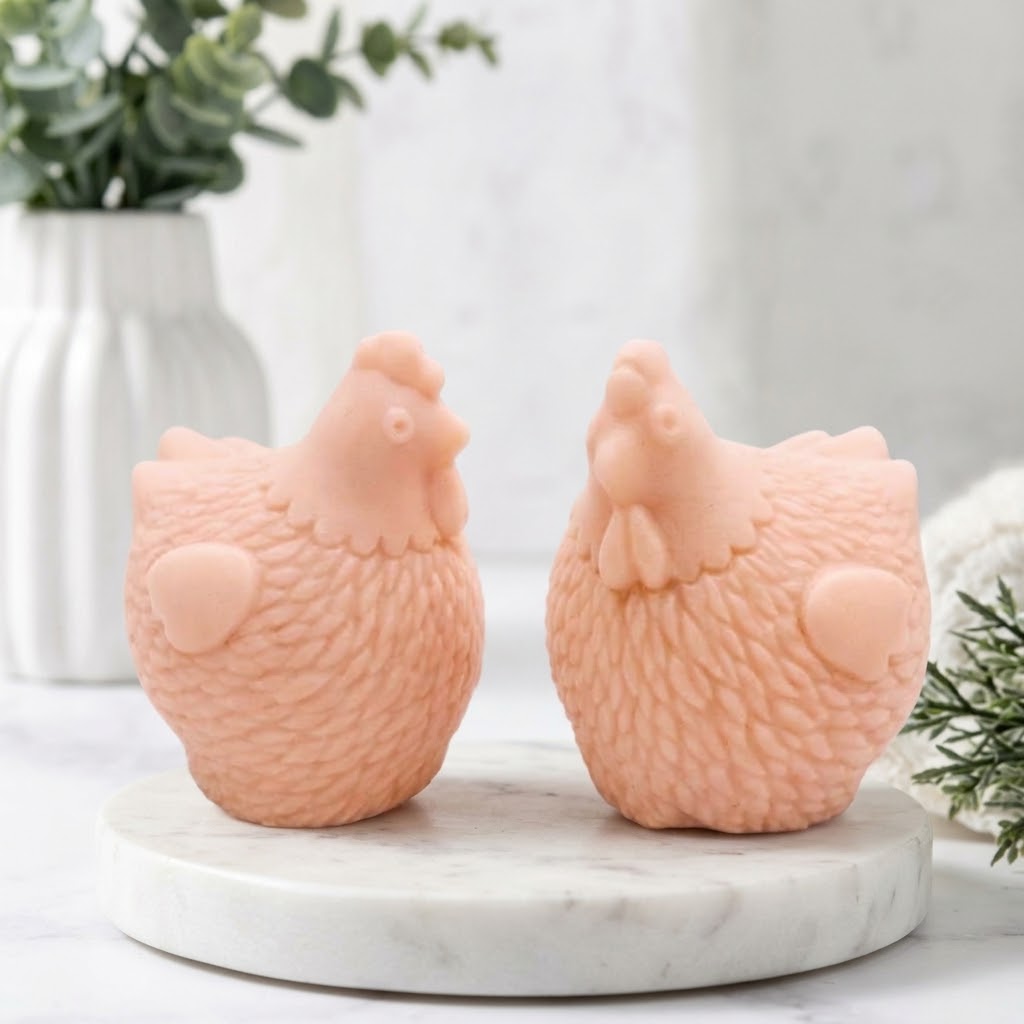 A close-up product photo of a pair of detailed pink chicken-shaped soap bars from the "Little Chickens" gift set, placed on a white marble display stand with a blur background of a flower vase.