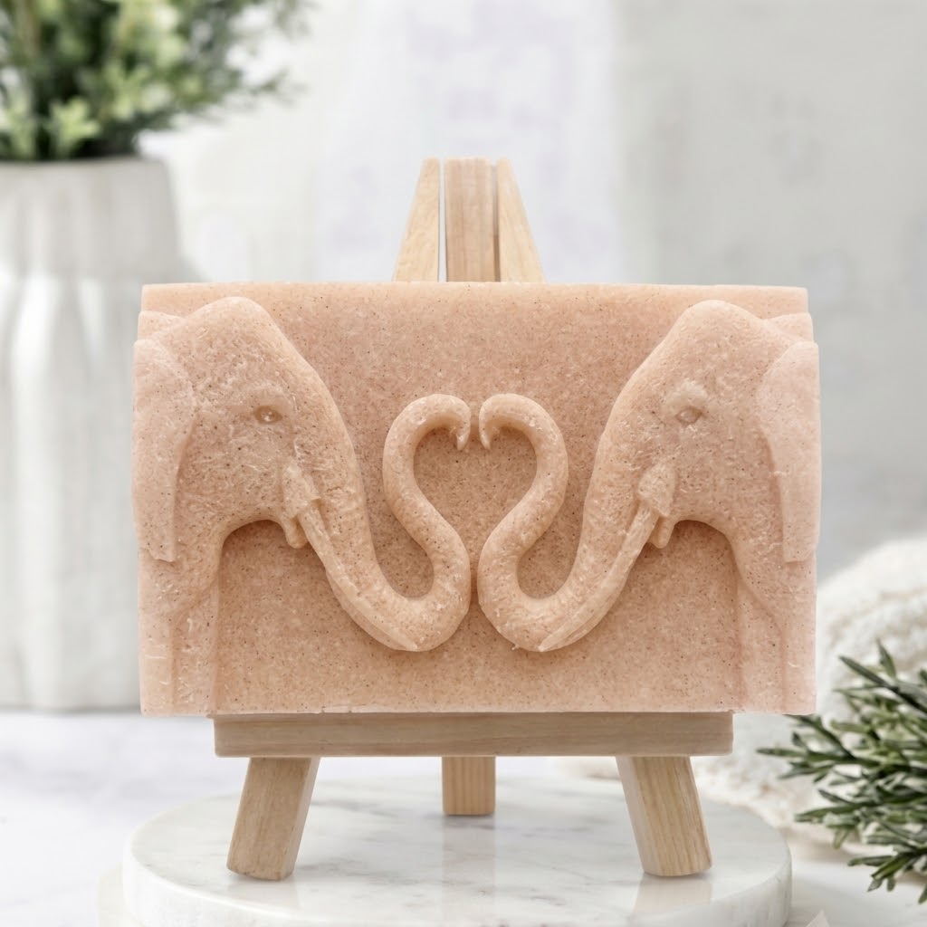 A pink artisanal elephant soap bar displayed on a miniature wooden easel. The bar features a relief carving of two elephants whose intertwined trunks form a heart shape.