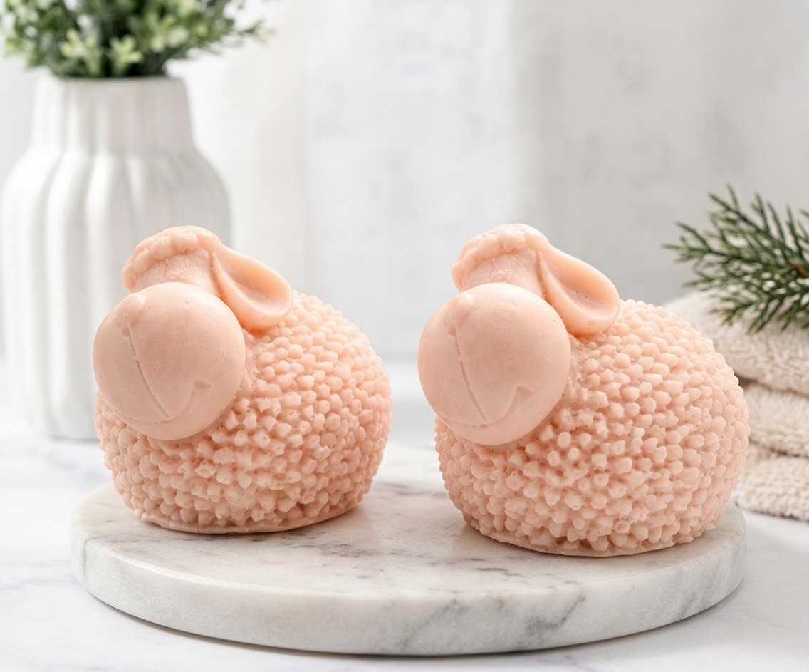 A duo of soft pink, cartoon-style sheep-shaped soaps with highly detailed, textured wool bodies and long ears, sitting on a marble board in a light-filled bathroom environment.