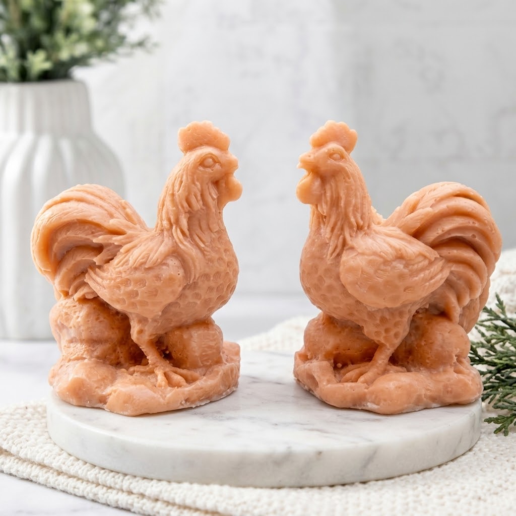 A detailed shot of two terracotta-coloured cockerel soaps, showcasing their intricate, natural texture and the fine feather detailing of the wattle, comb, and large tail feathers as they stand on a white marble surface.