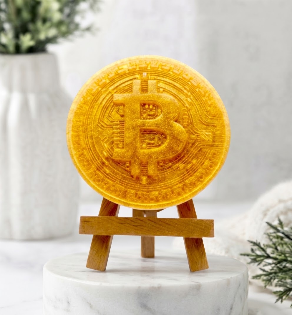 A detailed large, circular vegan soap bar, moulded in the shape of a golden Bitcoin, supported upright on a miniature wooden easel.
