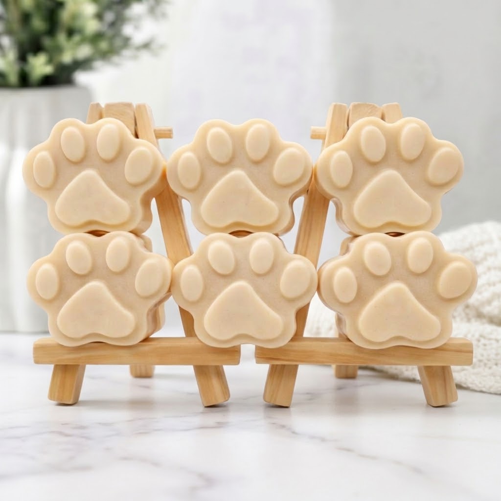A display of six light yellow paw print-shaped soaps, organised in two rows of three, held by a small wooden easel.