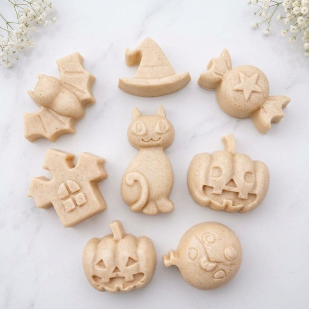 A soft yellow collection of eight handmade vegan Halloween soaps featuring a bat, witch's hat, star-patterned sweet, haunted house, black cat, jack-o'-lantern, and a ghost, arranged on a light wooden surface with white floral accents.