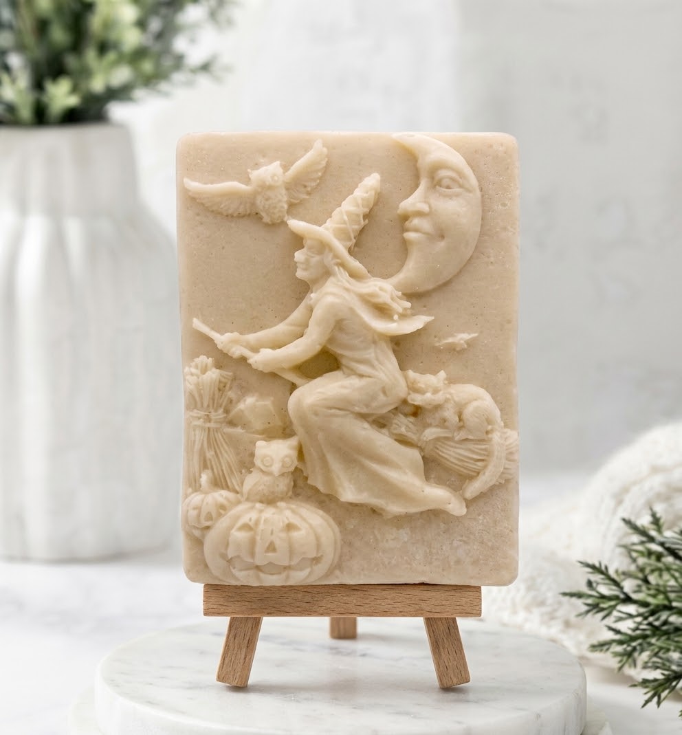 A soft yellow handmade vegan soap bar featuring a detailed relief carving of a witch flying on a broomstick past a crescent moon, owls, and pumpkins.