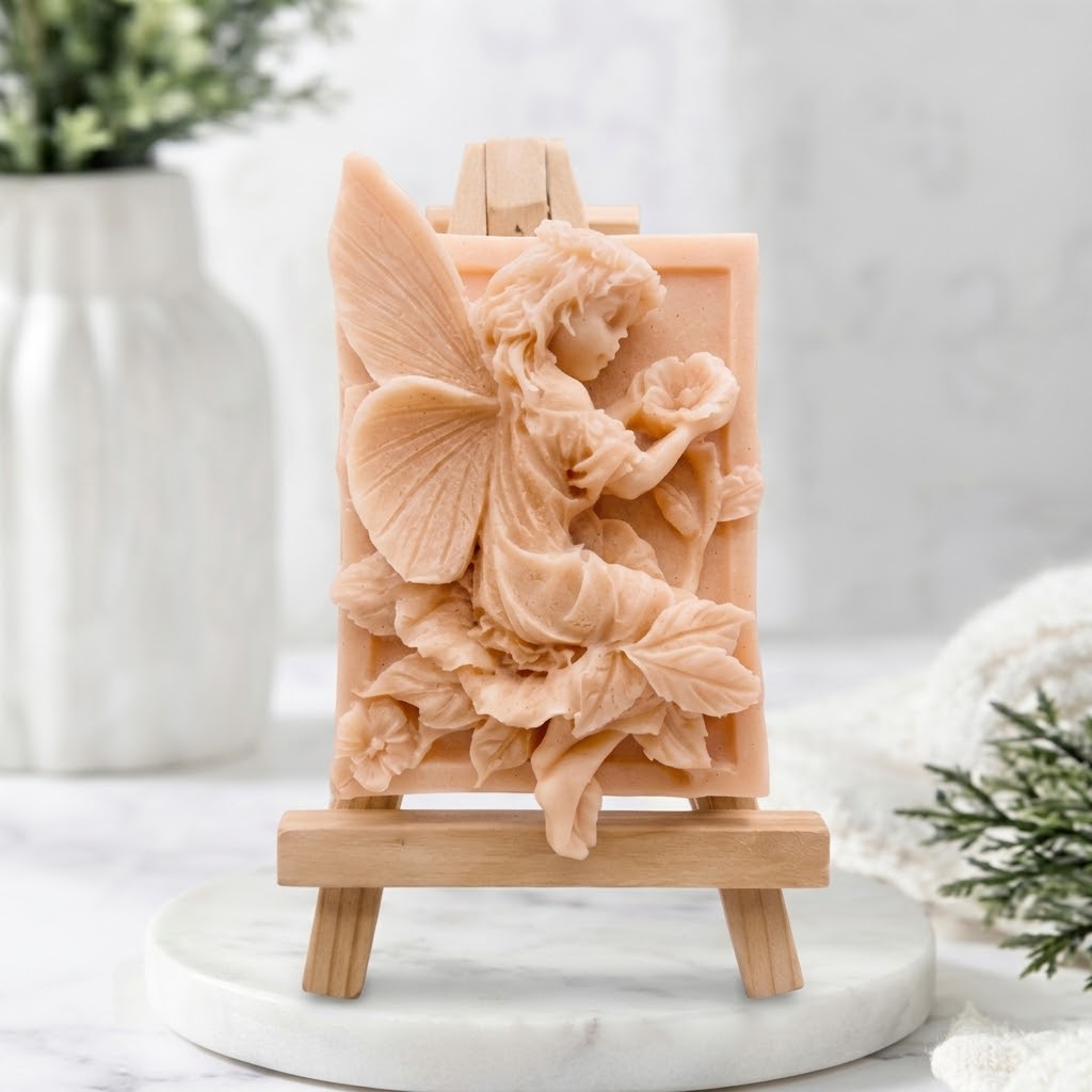 A soft pink soap bar sculpted with a fairy and flowers, displayed on a small wooden easel stand over a white marble base.