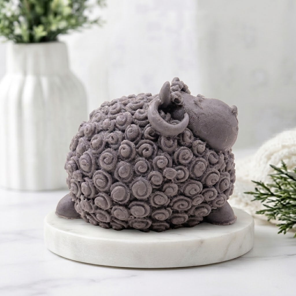 A charcoal sheep soap with a textured, curly woolly body and a curved horn, displayed on a round white marble base in a softly styled indoor setting.