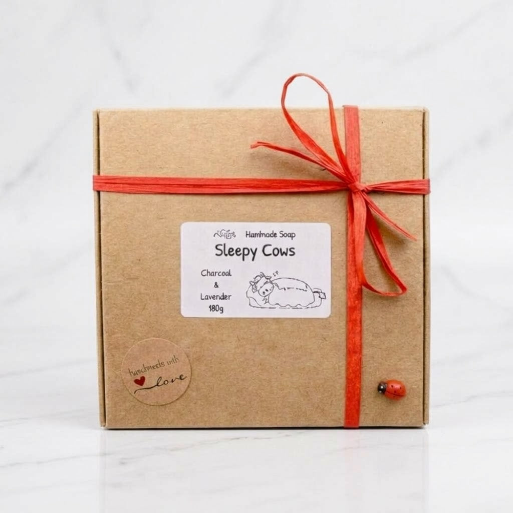A brown kraft paper gift box is shown, tied with a natural red jute twine bow. The box features a white label in the center that reads "Handmade Soap Sleepy Cows," with "Charcoal & Lavender 180g" below it. A round "handmade with love" sticker is in the corner, and a small ladybug embellishment is attached to the twine.