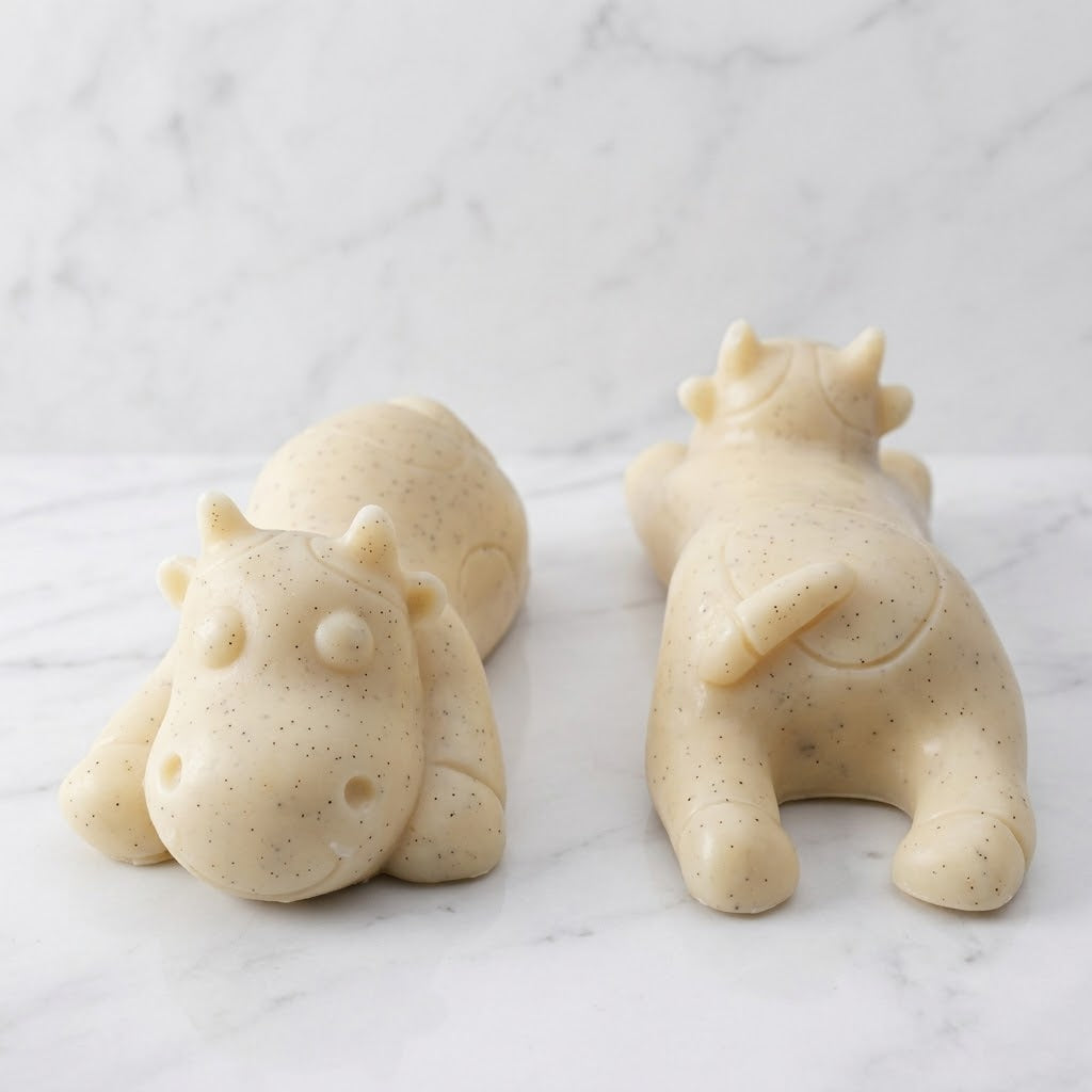 Two soft yellow sleeping cow shaped soaps are resting side-by-side on a white marble countertop.