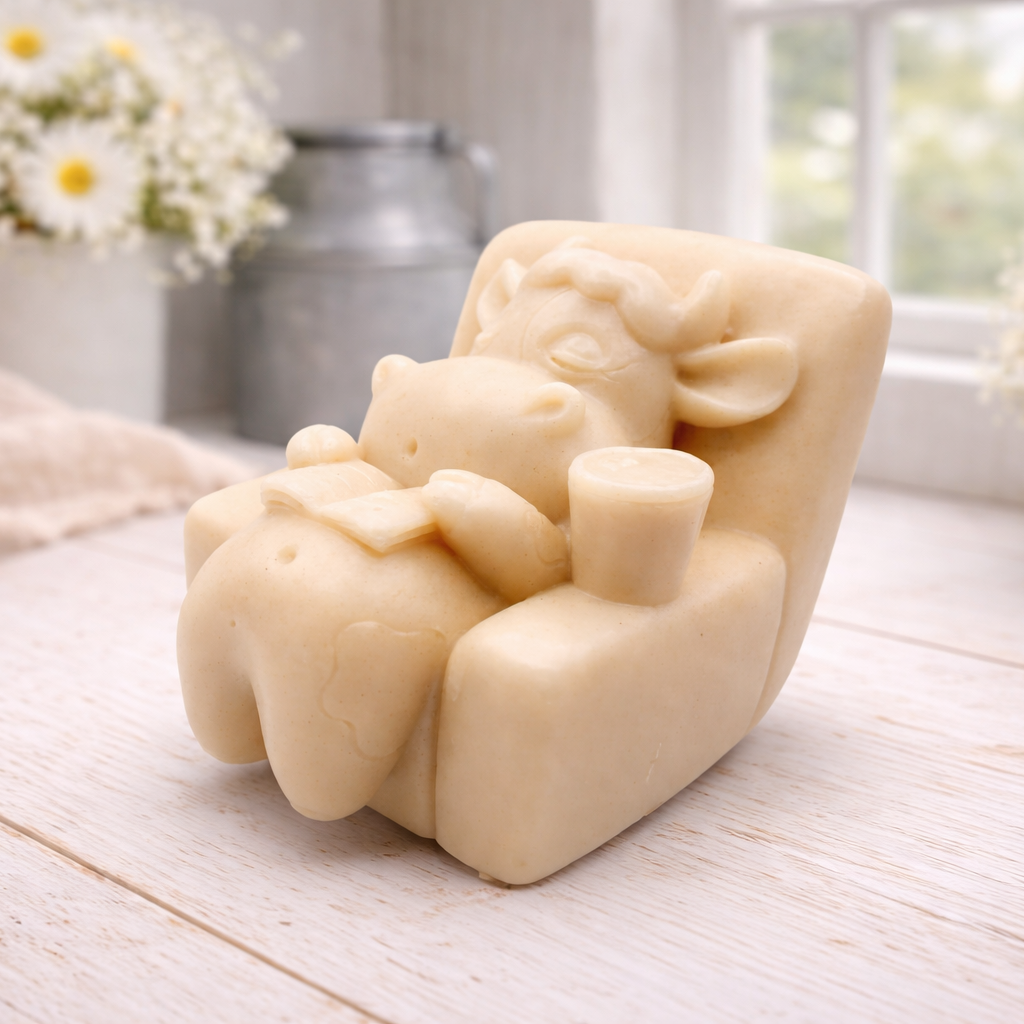 A handmade vegan soap sculpted to show a whimsical "lazy cow" character relaxing in an armchair, reading a book and holding a drink, displayed on a light wooden surface.