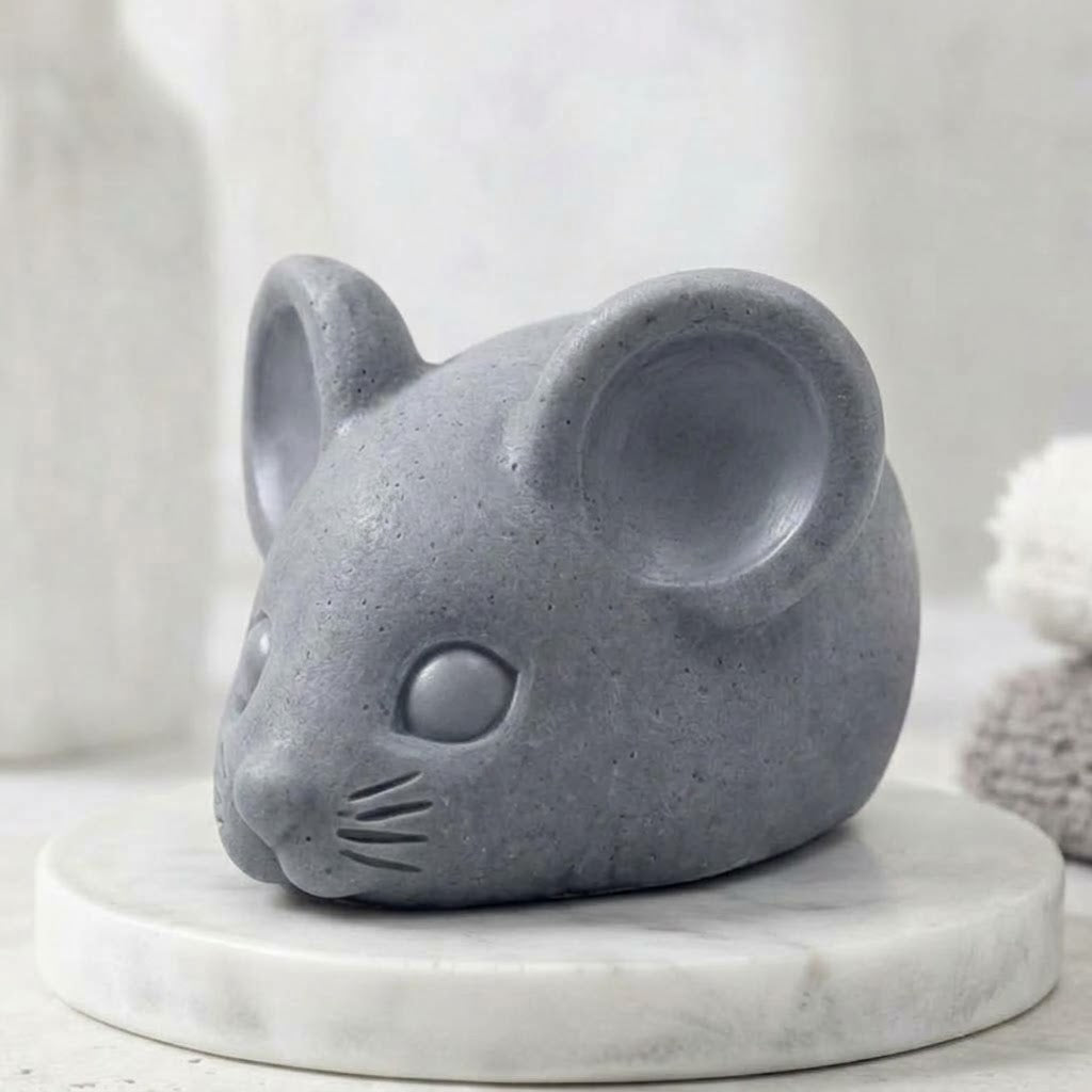 A charcoal grey handmade vegan soap sculpted into the shape of a cute resting mouse with large rounded ears and a delicate snout