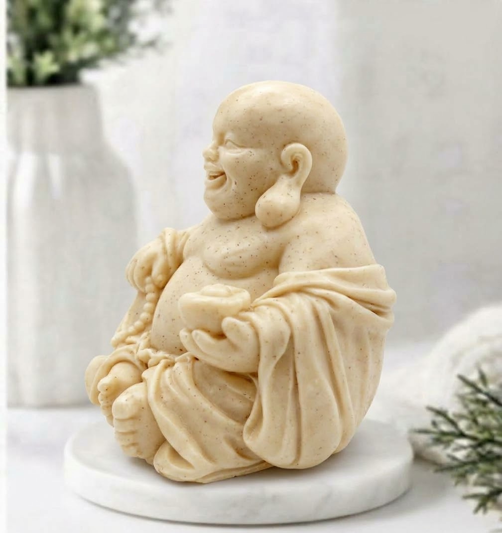 A detailed, handcrafted soft yellow coloured soap bar, sculpted into the form of a seated, smiling Laughing Buddha. The Buddha is cross-legged on a white marble disc and holds a string of prayer beads in its left hand and an offering bowl in its right, set against a detailed spa bathroom background
