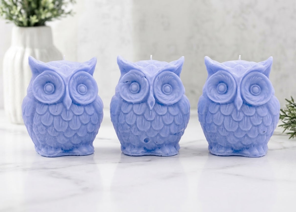 A gift set featuring three soft blue handmade vegan soaps shaped like barn owls , arranged in a row on a light wooden surface with white flowers in the background 