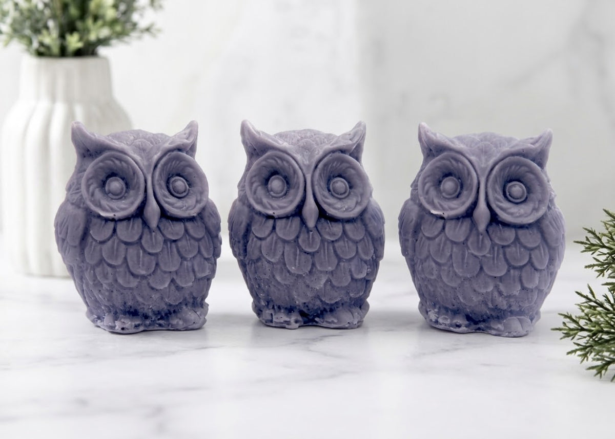 A gift set featuring three charcoal grey handmade vegan soaps shaped like barn owls , arranged in a row on a light wooden surface with white flowers in the background 
