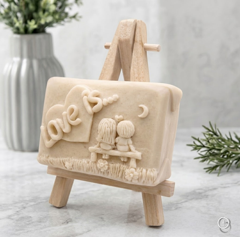 A rectangular soft yellow handmade vegan soap featuring a detailed 3D relief carving of a young couple sitting on a bench under a crescent moon, with the words "Love is..." embossed inside a heart, displayed on a wooden easel.