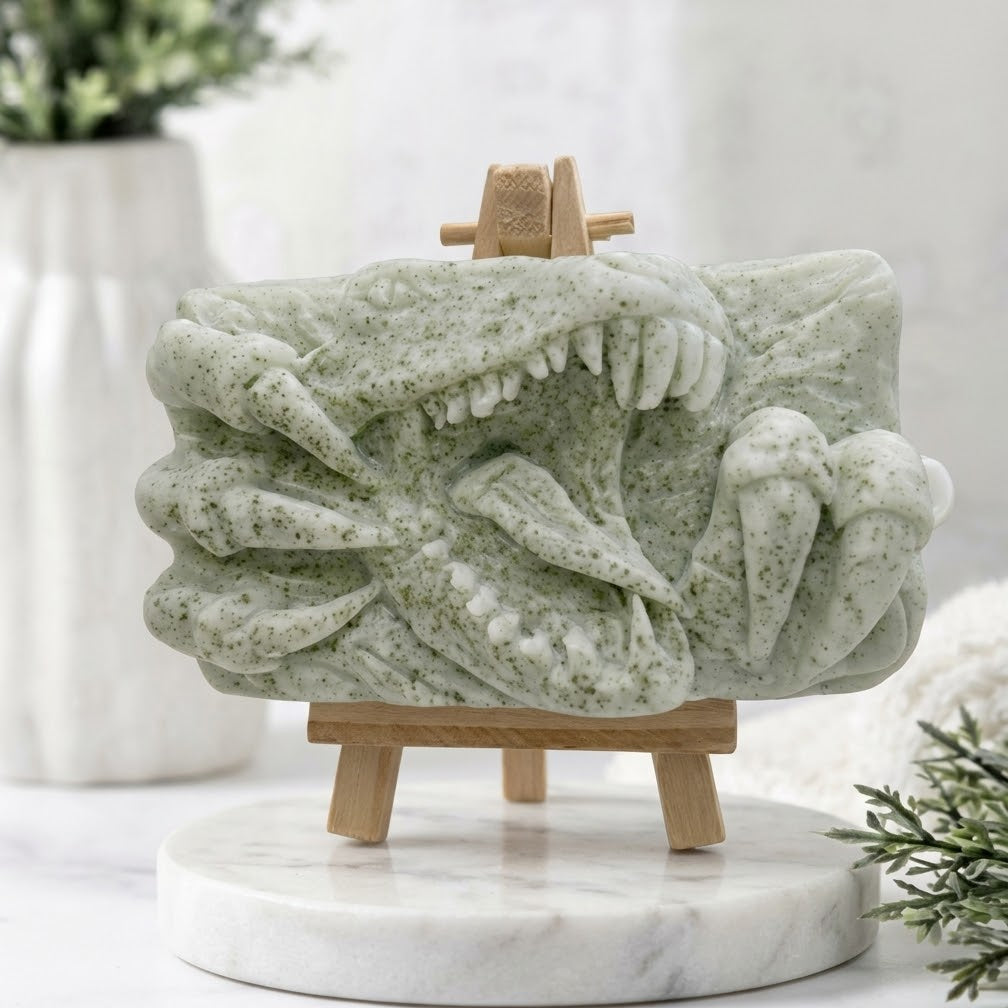 A rectangular soft green handmade vegan soap  featuring a high-relief carving of a Tyrannosaurus Rex with its jaws wide open in a roar and sharp claws framing the face, displayed on a miniature wooden easel.