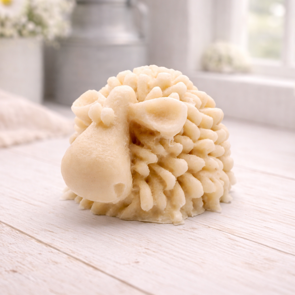A highly detailed handmade vegan soap sculpted in the shape of a fluffy sheep with thick, textured wool and a smooth face, displayed on a light wooden surface in a farmhouse-style setting.