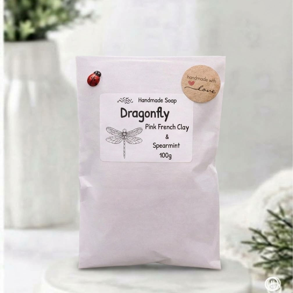 Packaging for Dragonfly Handmade Vegan Soap with Pink French Clay & Spearmint, 100g.