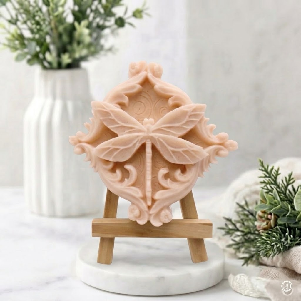 Detailed soft pink carved dragonfly artisan vegan soap with ornate filigree edges.