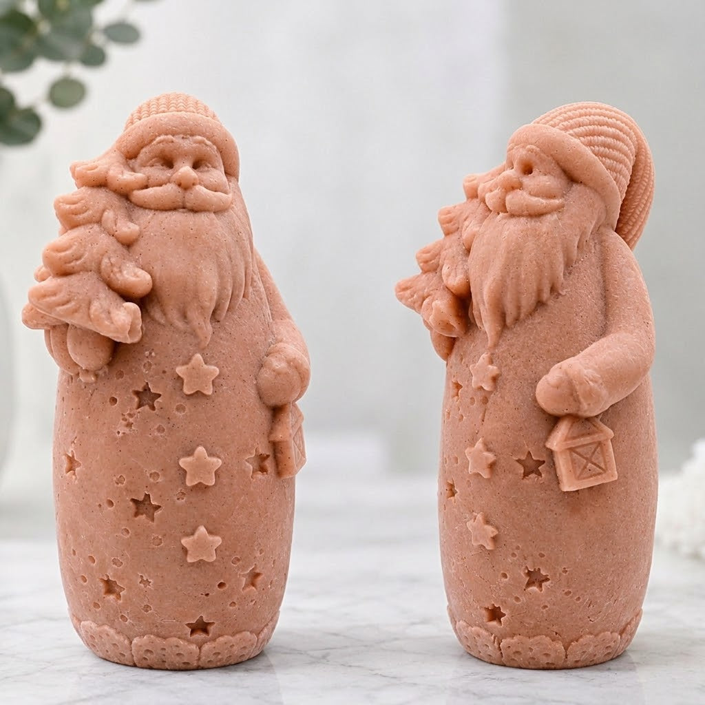 Handmade terracotta coloured Santa Christmas soap featuring embossed stars, a decorative knit hat, carrying a tree and a small lantern.