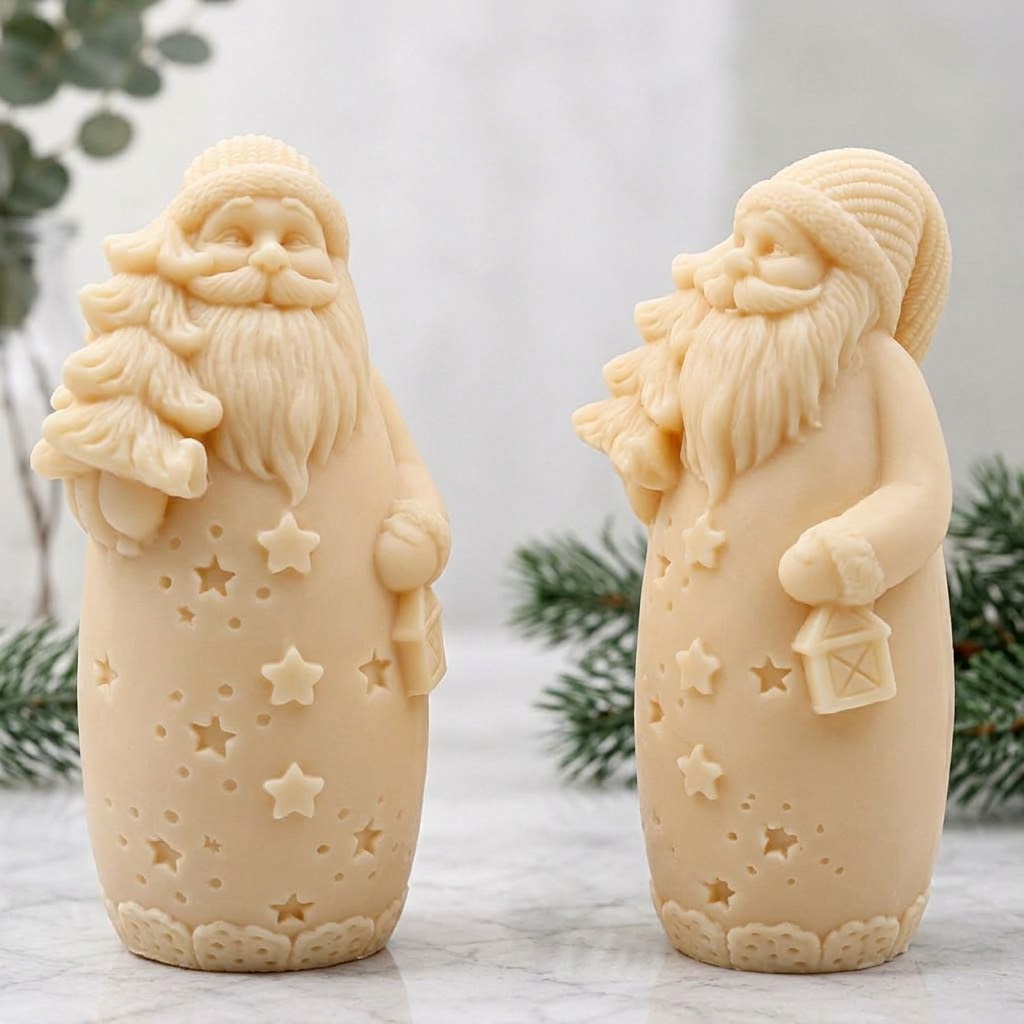 Handmade soft yellow coloured Christmas Santa soap with star details, a patterned hat, and festive accessories.