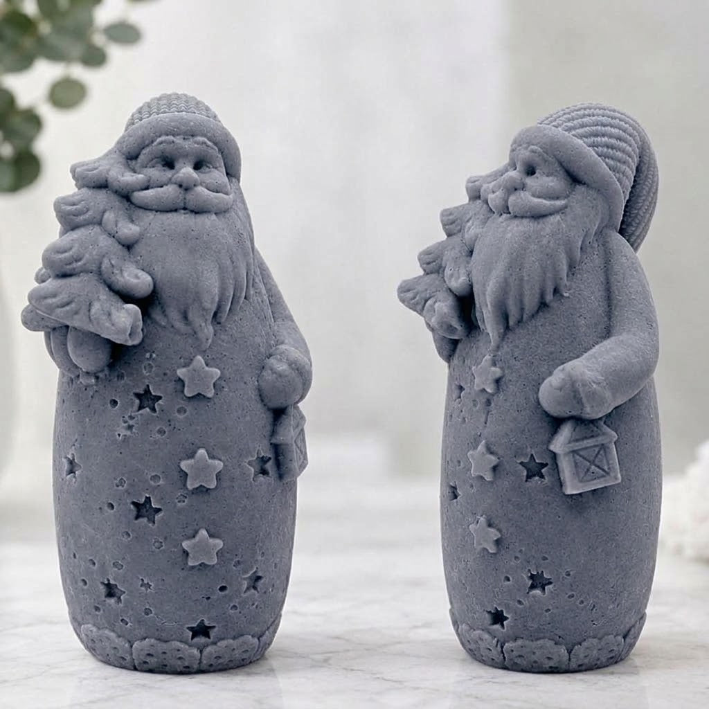 Handmade charcoal grey Santa Christmas soap featuring a textured robe, stars, holding a Christmas tree and lantern.