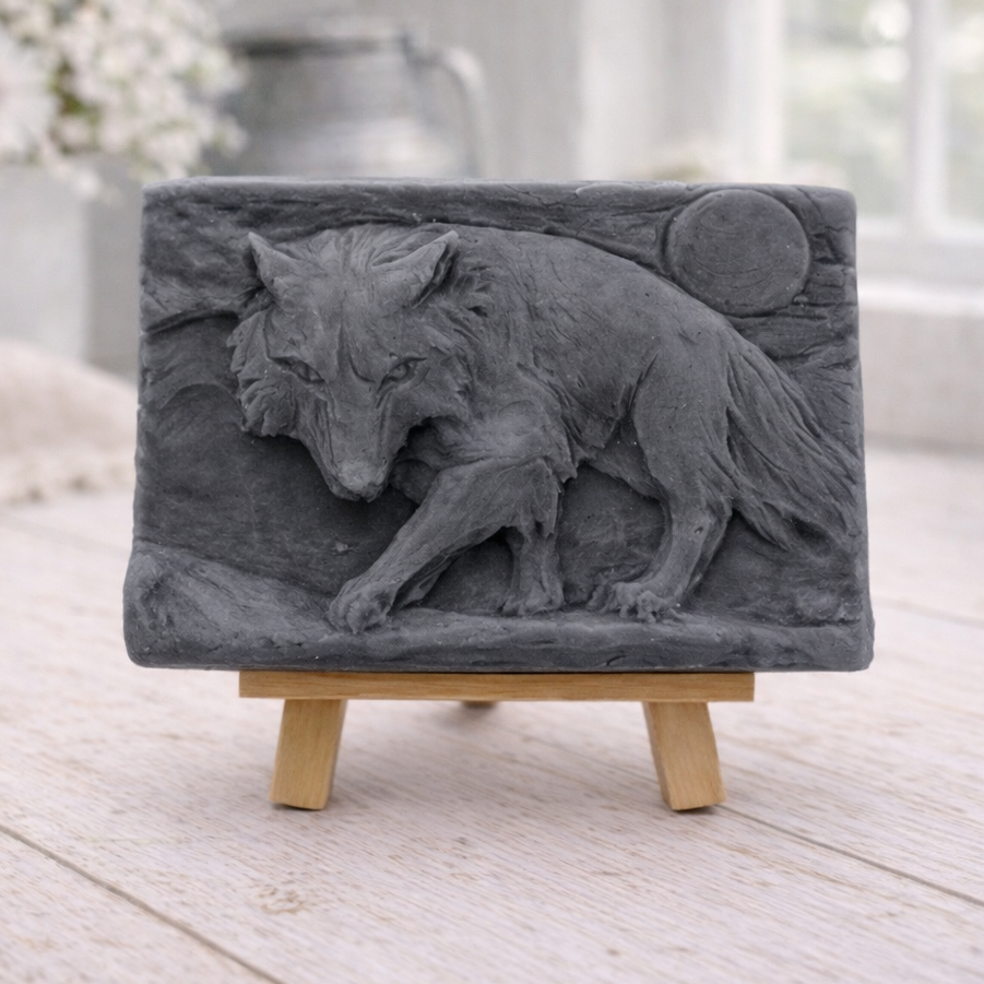 A rectangular handmade vegan soap, featuring a detailed relief carving of a wolf in mid-stride across a rugged landscape with a large full moon in the background, displayed on a miniature wooden easel.