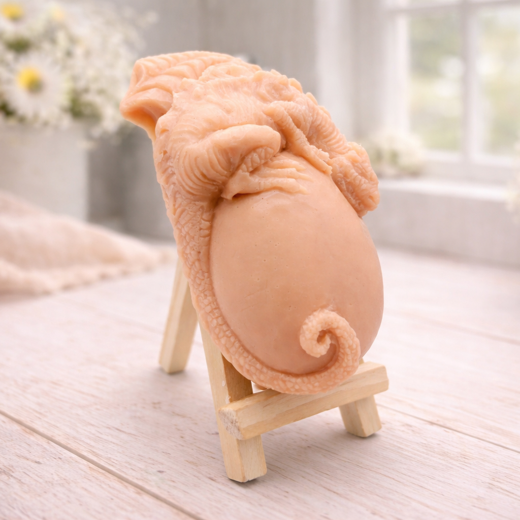 A 3D handmade vegan soap in a charcoal-grey tone, sculpted as a large prehistoric egg with a small dinosaur or dragon clinging to the top, featuring detailed scales and a curled tail, displayed on a miniature wooden easel.