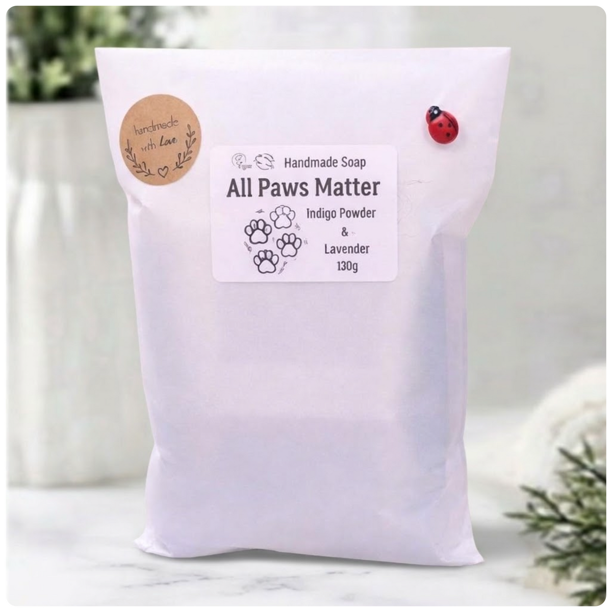 Handmade All Paws Matter indigo powder and lavender vegan soap in eco-friendly packaging