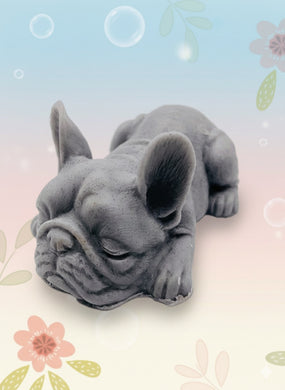Handmade vegan soaps featuring a french bulldog dog wrapped in beautiful eco friendly packaging crafted with natural French clays, activated charcoal and essential oils. a eco-friendly, zero waste gift that’s cruelty-free, skin-nourishing, and perfect gift for frenchie owners, dog lovers and animal themed gifts. small business UK
