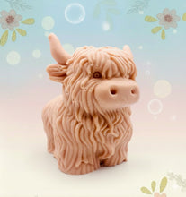 Load image into Gallery viewer, Handmade vegan soaps featuring a  large detailed highland cow. crafted with natural French clays, activated charcoal and essential oils. a eco-friendly, zero waste gift that’s cruelty-free, skin-nourishing, and perfect for animal lovers and gifting.
