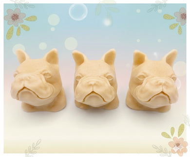 Handmade vegan soaps featuring three french bulldog heads gift boxed in beautiful eco friendly packaging crafted with natural French clays, activated charcoal and essential oils. a eco-friendly, zero waste gift that’s cruelty-free, skin-nourishing, and perfect for frenchie owners, dog lovers, and animal themed gifts. small business UK