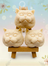 Load image into Gallery viewer, Handmade vegan soaps featuring a set of three little cat faces gift boxed in beautiful eco friendly packaging. crafted with natural French clays, activated charcoal and essential oils. a eco-friendly, zero waste gift that’s cruelty-free, skin-nourishing, the perfect gift for cat lovers or animal lovers. small business UK
