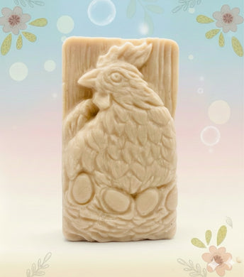 Handmade vegan soaps featuring a chicken sat on her nest of eggs,  in beautiful eco friendly packaging. crafted with natural French clays, activated charcoal and essential oils. a eco-friendly, zero waste gift that’s cruelty-free, skin-nourishing, the perfect gift for easter and animal lovers. small business UK