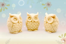 Load image into Gallery viewer, Handmade vegan soaps featuring a set of three owls, gift boxed in beautiful eco friendly packaging. crafted with natural French clays, activated charcoal and essential oils. a eco-friendly, zero waste gift that’s cruelty-free, skin-nourishing, the perfect gift for owl lovers and animal lovers. small business UK
