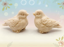 Load image into Gallery viewer, Handmade vegan soaps featuring a set of two love birds . gift boxed in beautiful eco friendly packaging. crafted with natural French clays, activated charcoal and essential oils. a eco-friendly, zero waste gift that’s cruelty-free, skin-nourishing, the perfect gift for bird lovers and animal lovers. UK Small Business 
