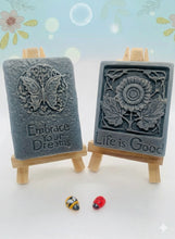 Load image into Gallery viewer, Handmade vegan soaps featuring a set of two positive quote soaps, gift boxed in beautiful eco friendly packaging. embrace your dreams and life’s good wording. crafted with natural French clays, activated charcoal and essential oils. a eco-friendly, zero waste gift that’s cruelty-free, skin-nourishing, and perfect for birthday gifts and friendship gifts. Small Business UK
