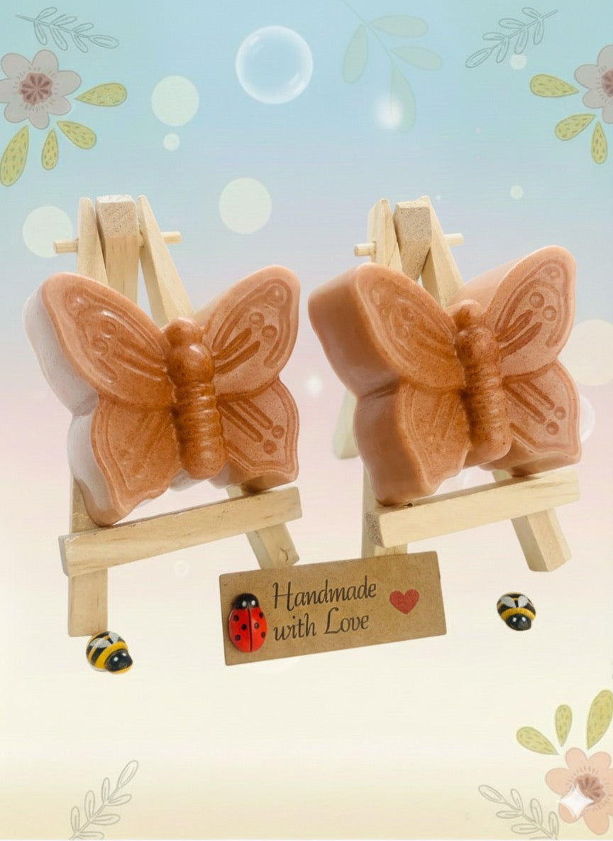 Handmade vegan soaps featuring a set of two butterfly soaps gift boxed in beautiful eco friendly packaging. crafted with natural French clays, activated charcoal and essential oils. a eco-friendly, zero waste gift that’s cruelty-free, skin-nourishing, and perfect for bee lovers and gifting. UK Small Business