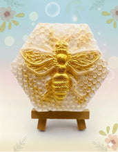 Load image into Gallery viewer, bee gift bee lover gift bee hamper eco conscious gift Queen Bee Vegan Soap *Wooden display easels are available to purchase on a separate listing  This beautifully detailed ‘Queen Bee’ soap is vegan, cruelty free and available in your choice of essential oil. Wrapped in gorgeous eco-friendly packaging. All our soaps are made with natural essential oils to gently cleanse and nourish your skin. Plus, they come in eco-friendly packaging so you can feel good about your purchase and the environment
