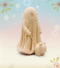 Load image into Gallery viewer, Handmade vegan soaps shaped as a cute ghost walking a dog. crafted with natural French clays, activated charcoal and essential oils. a eco-friendly, zero waste gift that’s cruelty-free, skin-nourishing, and perfect for Halloween and gifting. Small business UK. 
