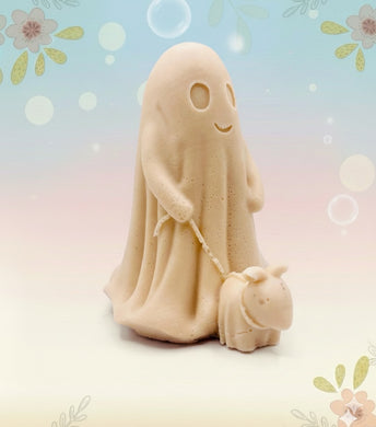 Handmade vegan soaps shaped as a cute ghost walking a dog. crafted with natural French clays, activated charcoal and essential oils. a eco-friendly, zero waste gift that’s cruelty-free, skin-nourishing, and perfect for Halloween and gifting. Small business UK. 
