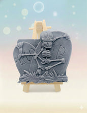 Load image into Gallery viewer, Handmade vegan soaps featuring a  skeleton dancing on his RIP grave. crafted with natural French clays, activated charcoal and essential oils. a eco-friendly, zero waste gift that’s cruelty-free, skin-nourishing, and perfect for skull lovers and Halloween gifting . Small business UK
