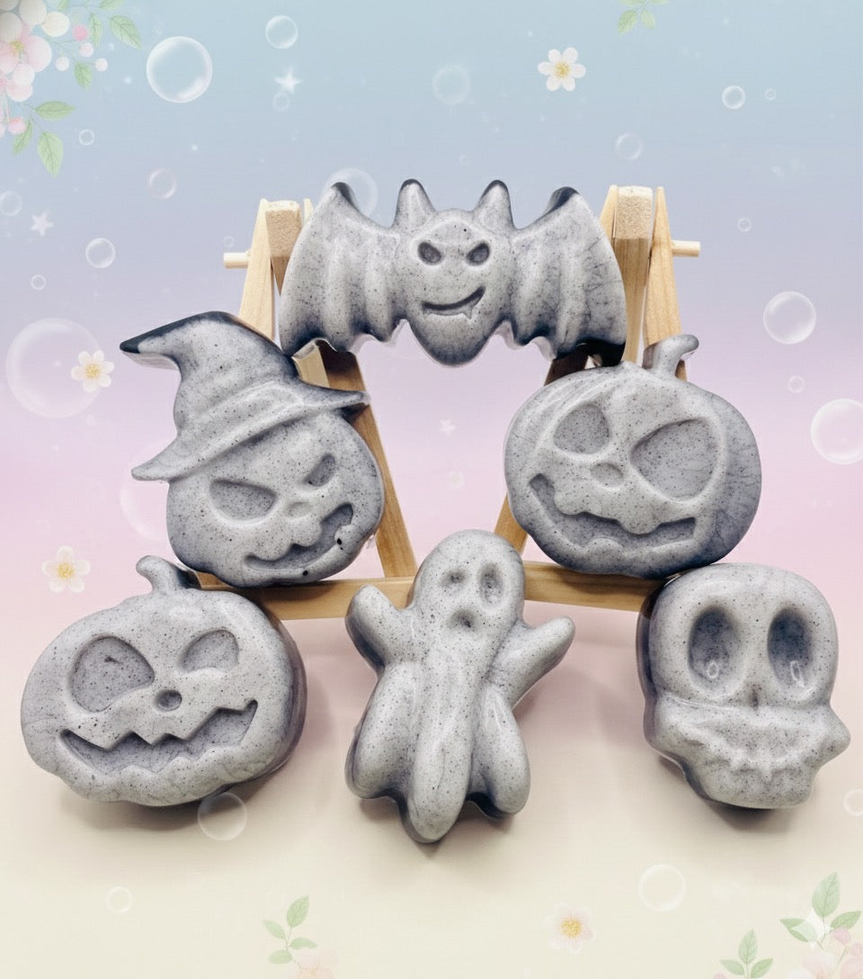 Halloween gift | Spooky Charcoal Vegan Soaps Set of 6 - Gift Boxed | Ghost Gift  | Alternative Gift Ideas | Pumpkin Gift This spooky set of six vegan soaps are made with charcoal and available in your choice of essential oil. Beautifully gift boxed in eco friendly packaging. Wooden soap display easels are available to purchase on a separate listing. modern gifts. handmade home style