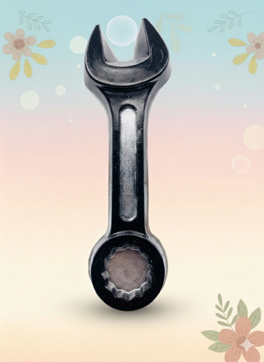 Handmade vegan soaps featuring a spanner tool wrapped in beautiful eco friendly packaging crafted with natural French clays, activated charcoal and essential oils. a eco-friendly, zero waste gift that’s cruelty-free, skin-nourishing, and perfect gift for workmen, fathers day and gifts for him. small business UK