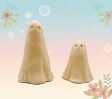 Load image into Gallery viewer, Handmade vegan soaps shaped as a set of two cute sheet ghosts beautifully gift boxed in eco friendly packaging. crafted with natural French clays, activated charcoal and essential oils. a eco-friendly, zero waste gift that’s cruelty-free, skin-nourishing, and perfect for Halloween and gifting. Small Business UK
