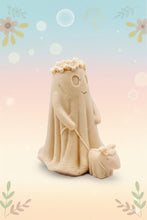 Load image into Gallery viewer, Handmade vegan soaps shaped as a cute  ghost girl walking a dog. crafted with natural French clays, activated charcoal and essential oils. a eco-friendly, zero waste gift that’s cruelty-free, skin-nourishing, and perfect for Halloween and gifting. Small business UK. 

